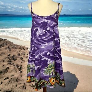 Vintage ROUNDY BAY Tropical Hawaiian Print Slip Sundress Purple Sz M